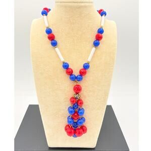 Red White Blue Acrylic Bead Necklace with Gold Filigree Cluster Pendant, Vintage